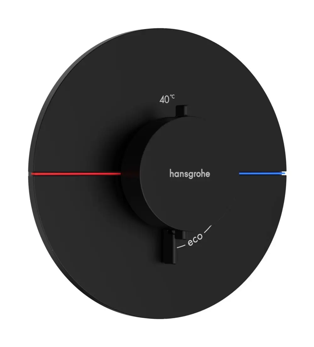 Schwarzes Thermostat mit Drehknopf zur Temperatureinstellung. Rote und blaue Linien zeigen heiße und kalte Temperaturen an. Marke: Hansgrohe.